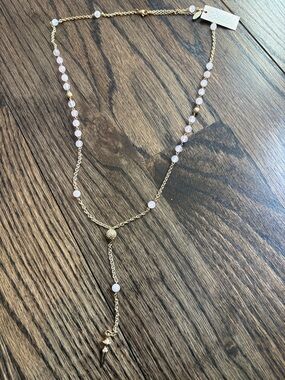 ettika Rose Quartz Beaded Gold Plated Lariat Necklace NWT